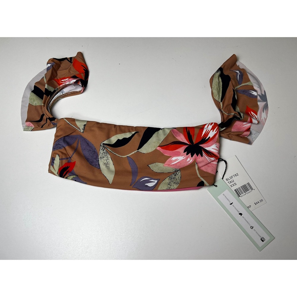 The Bikini Lab Taupe Floral Print Off Shoulder Ruffle‎ Bikini Top XXS NWT